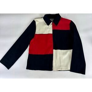 Vintage 90s Color-block Zip Jacket Red Black Faux Suede Size 12 Large Maximalist